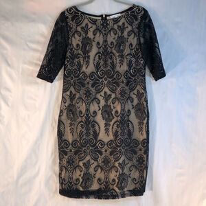 Sandra Darren Black Lace Overlay Tan Lining 3/4 Length Sleeves Sheath Dress 10